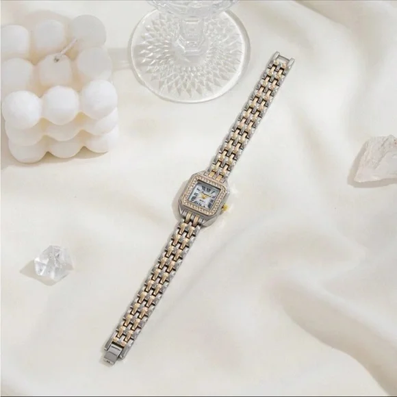 Luxurious Two Tone Chain Diamond Square Face Wrist Watch OS New - Picture 2 of 3